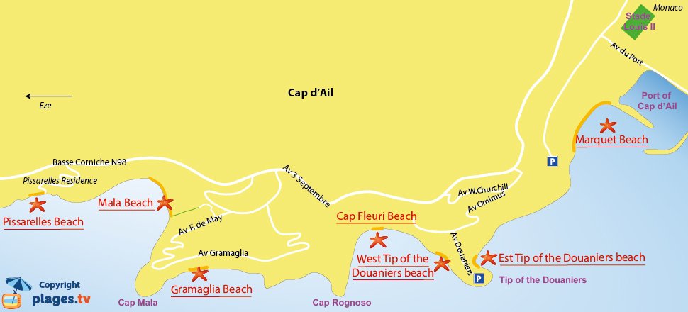 Map of the beaches of Cap d'Ail in France