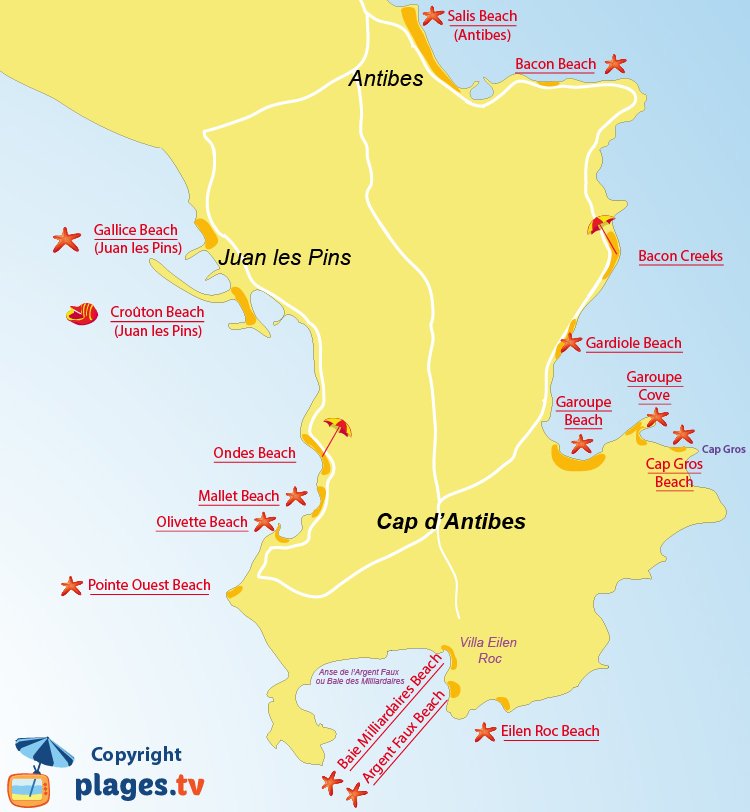 Map of Cap d'Antibes beaches in France