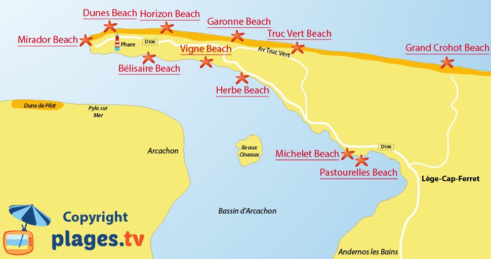 Map of Cap Ferret beaches in France