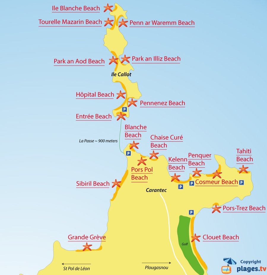 Map of Carantec beaches in Brittany - France