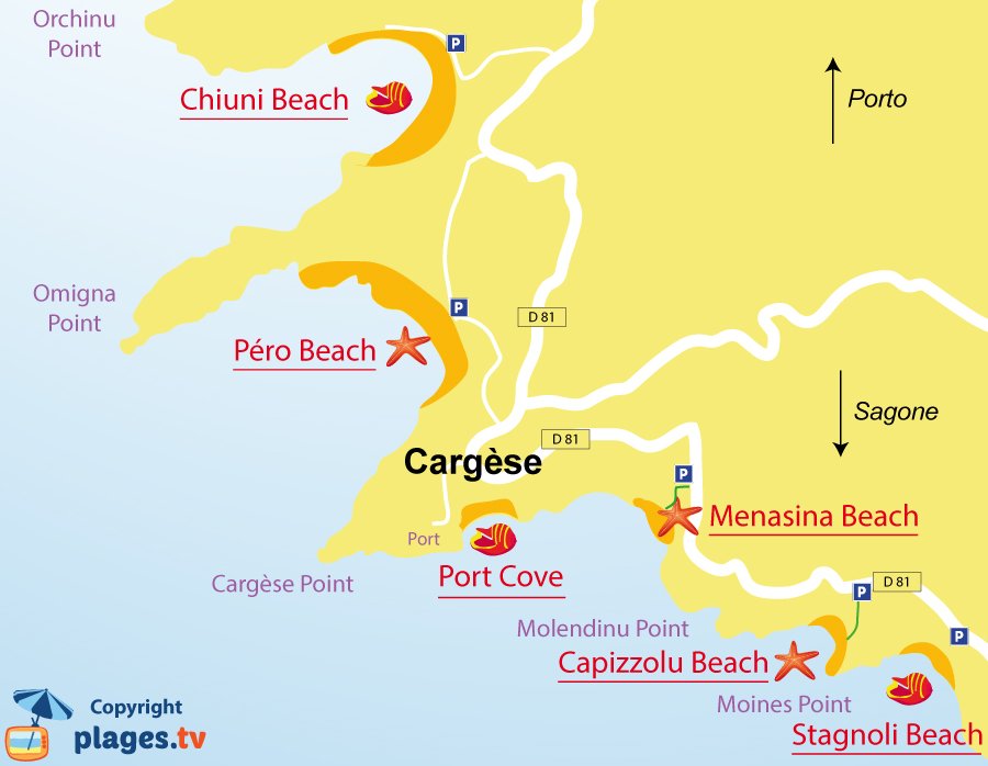 Map of Cargese beaches in Corsica