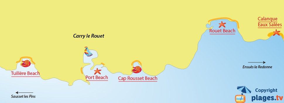 Map of Carry le Rouet beaches in France