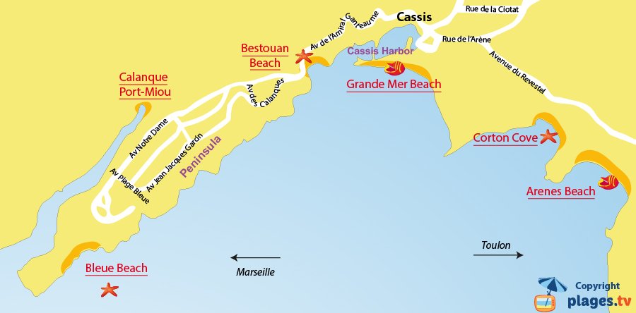 Map of Cassis beaches in France