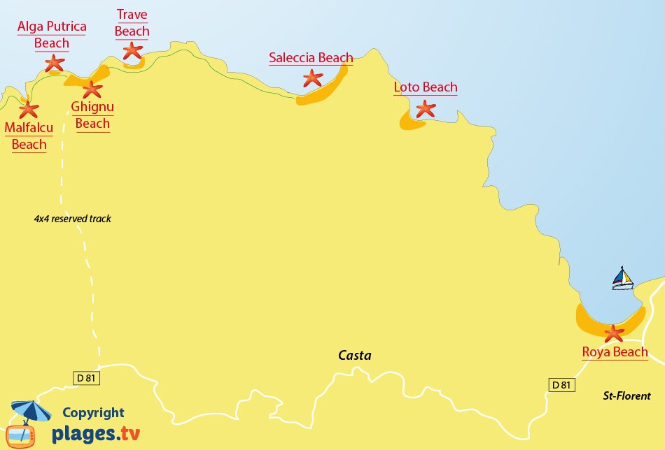 Map of beaches in desert of Agriates - Corsica - Santo-Pietro-di-Tenda 