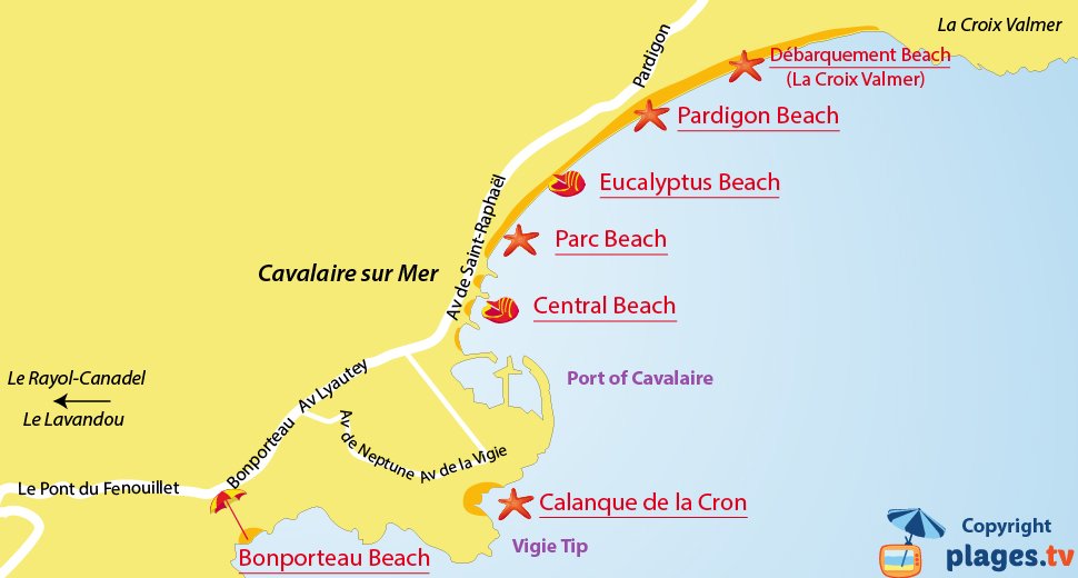 Map of Cavalaire-sur-Mer beaches in France