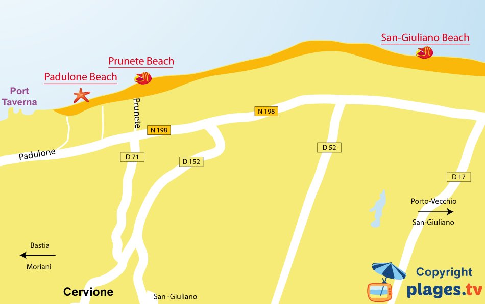 Map of Cervione beaches in Corsica