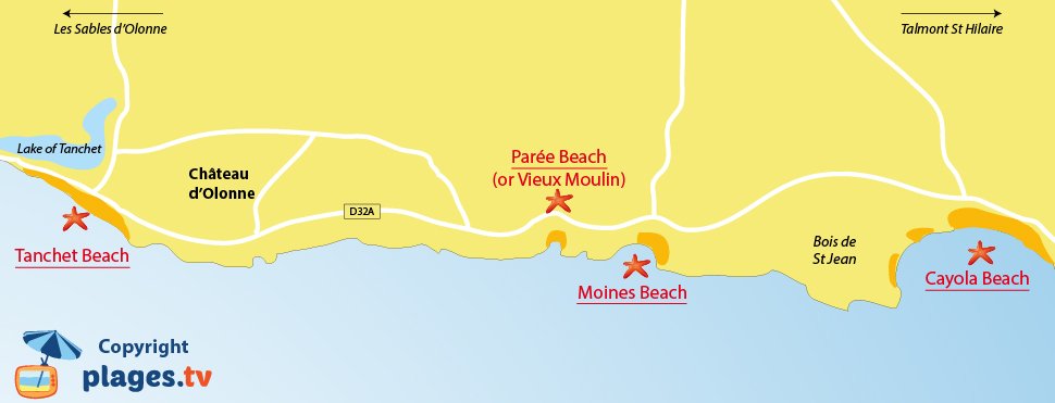 Map of Chateau d'Olonne beaches in France