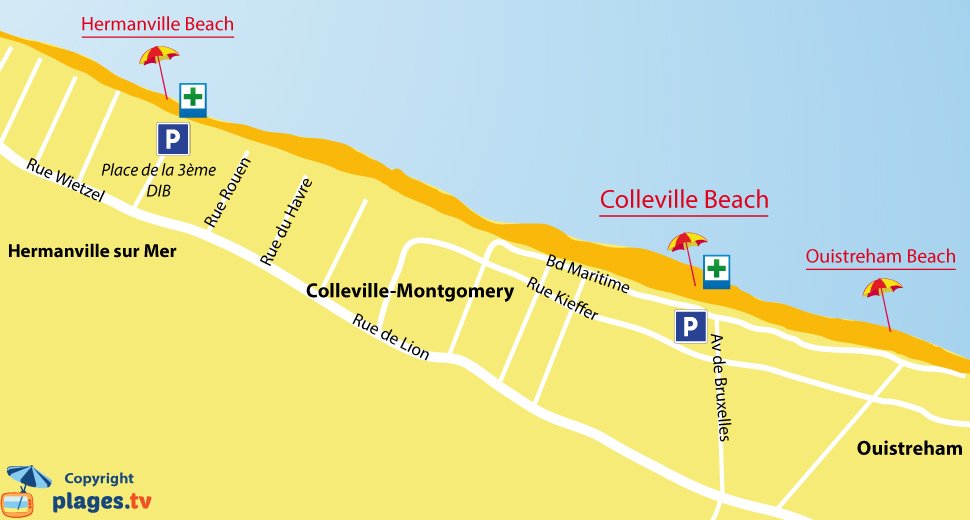 Map of Colleville Montgomery beaches in Normandy