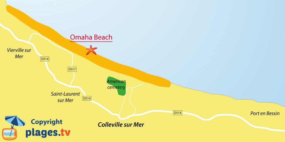 Map of Colleville sur Mer beaches - Normandy - France