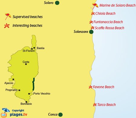 Map of interesting beaches on the Cote des Nacres in Corsica - France