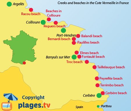 Map of Cote Vermeille beaches and creeks in France