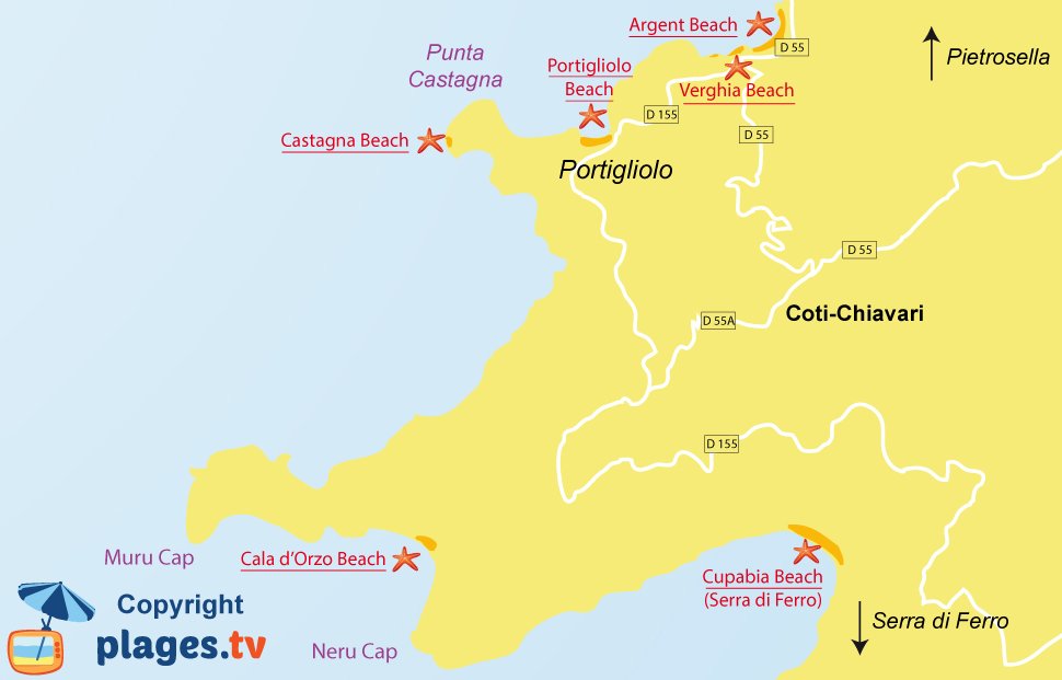 Map of Coti-Chiavari beaches in Corsica