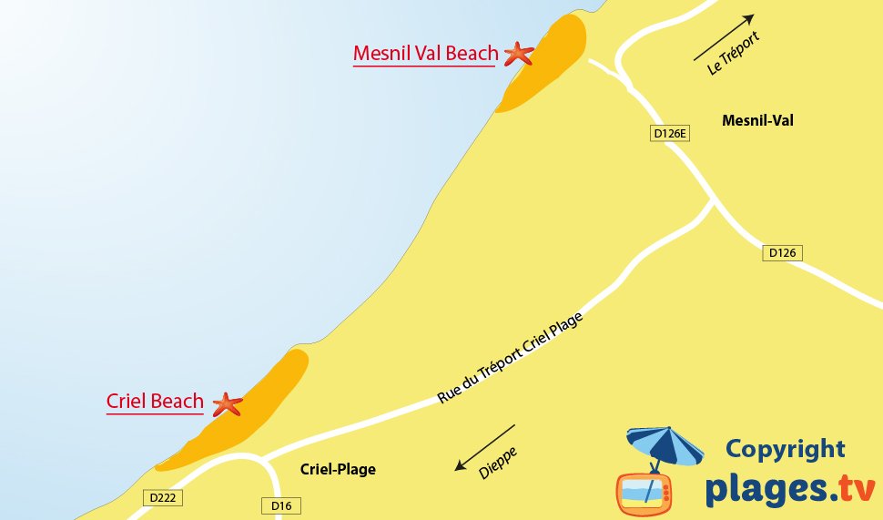 Map of Criel sur Mer beaches in France (Normandy)