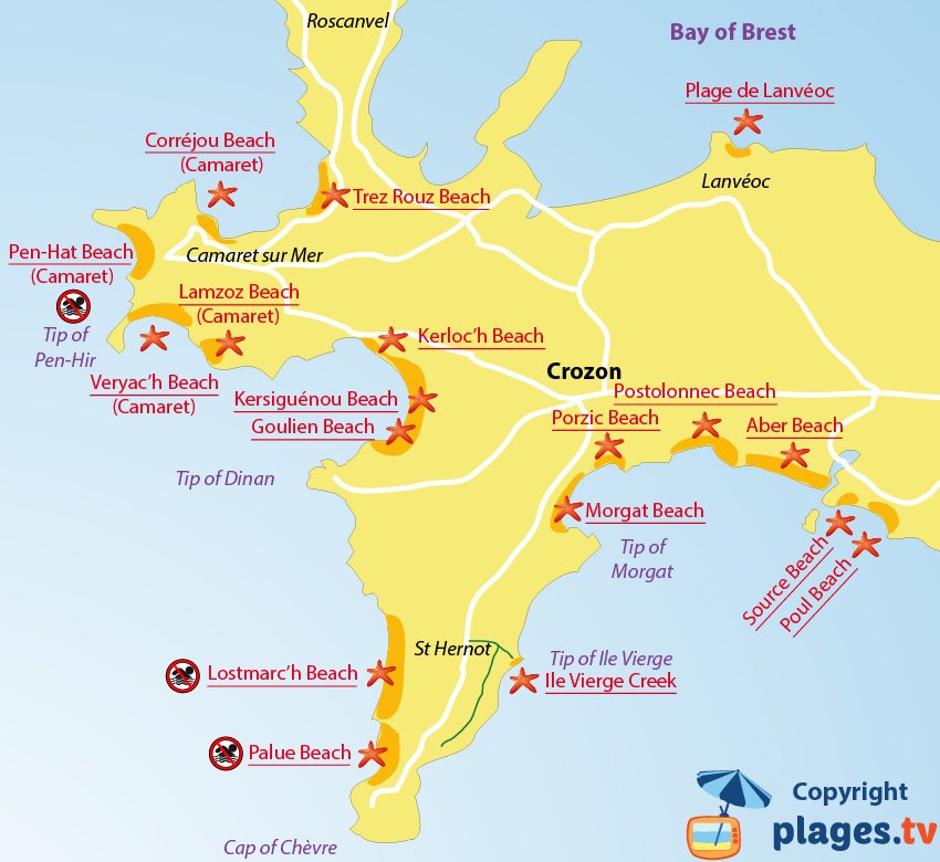 Map of Crozon beaches in Brittany in France