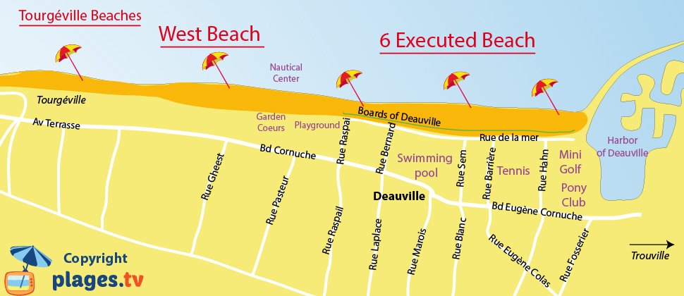 Map of Deauville beaches in Normandy in France