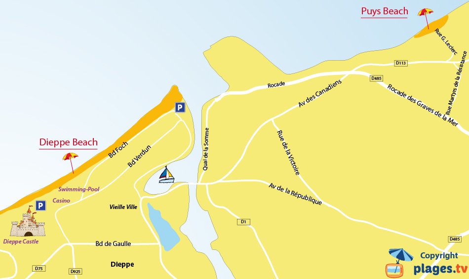 Map of the Dieppe beaches in France