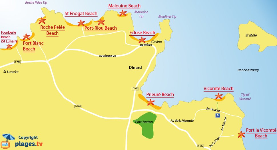 Map of the Dinard beaches in France - Brittany