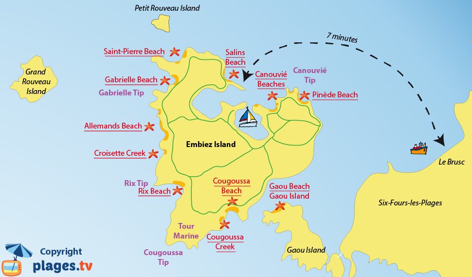 Map of Embiez island beaches in France