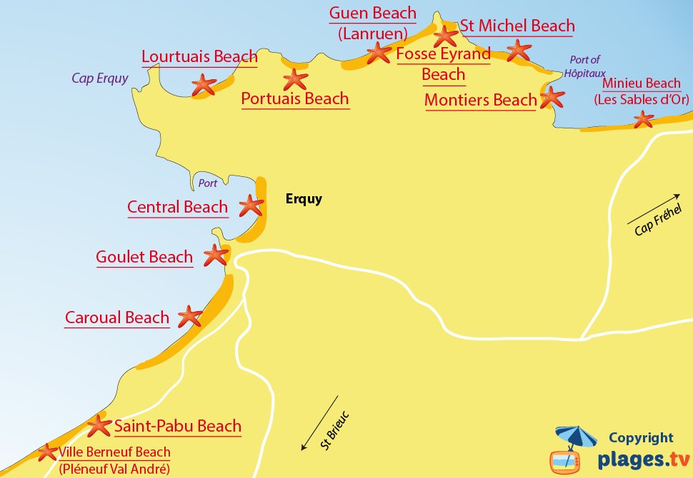 Map of Erquy beaches in France