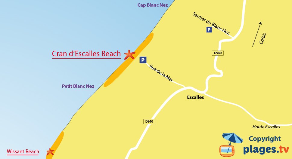 Map of Escalles beaches in France