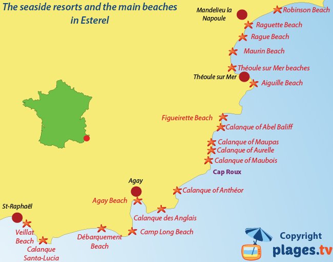 Map of Esterel beaches and seaside resorts - France