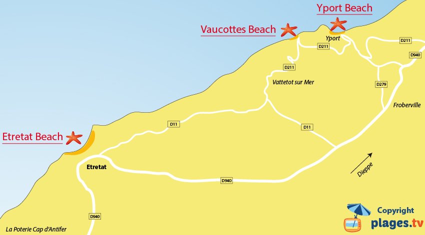 Map of the Etretat beaches in France