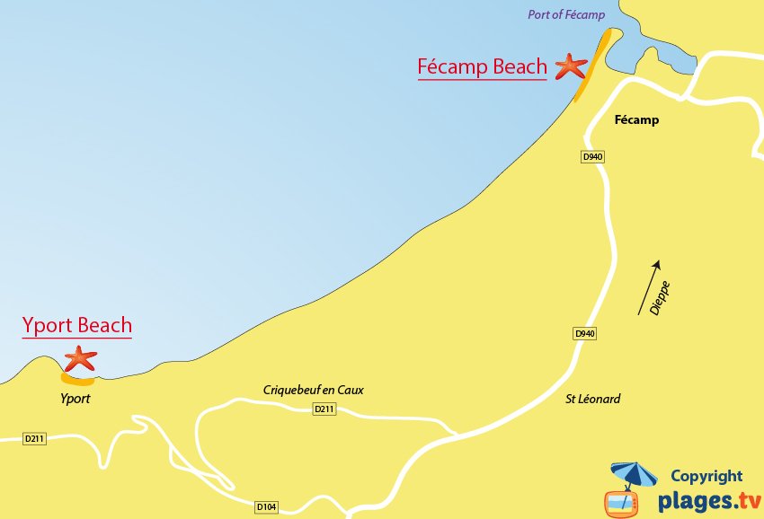 Map of the Fecamp beaches in France