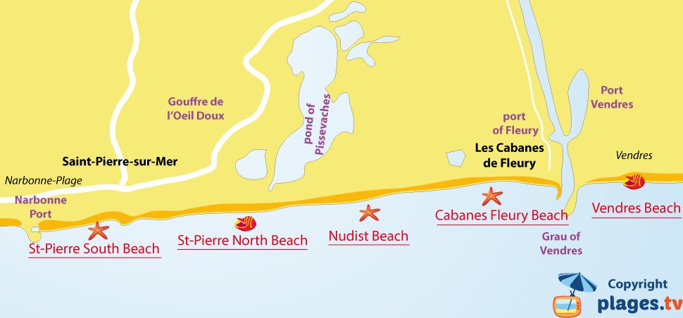 Map of Fleury d'Aude beaches in France