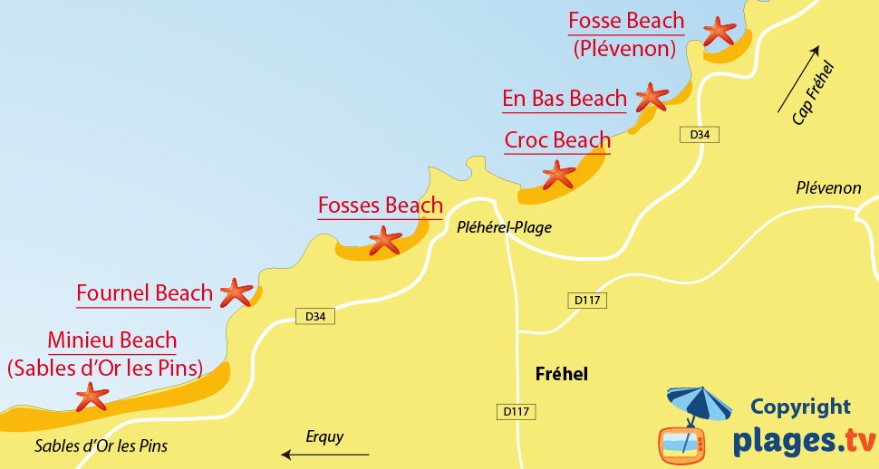 Map of Frehel beaches in France - Brittany