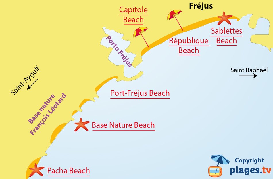 Map of Frejus beaches in France