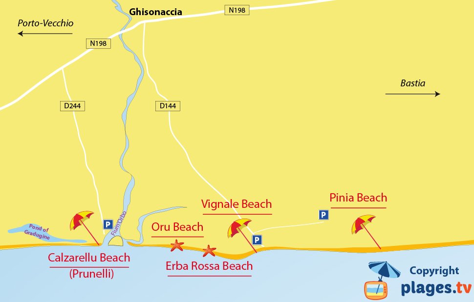 Map of Ghisonaccia beaches in Corsica