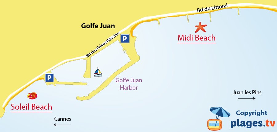 Map of Golfe Juan beaches in France