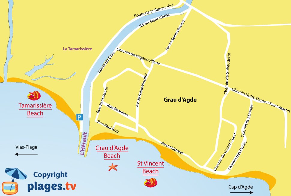 Map of Grau d'Agde beaches in France