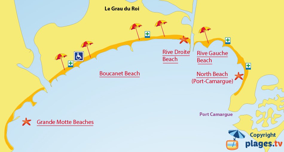 Map of the Grau du Roi beaches in France