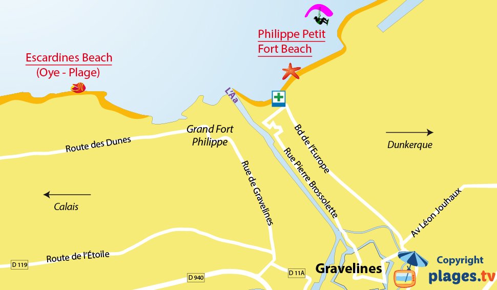 Map of Gravelines Beaches in North of France