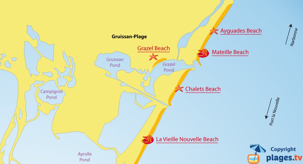 Map of Gruissan beaches in France