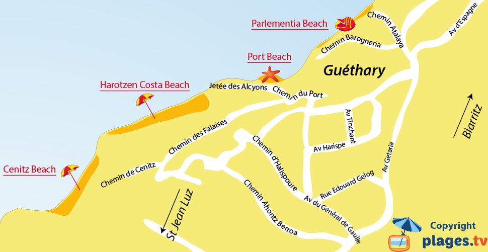 Map of Guethary beaches in France