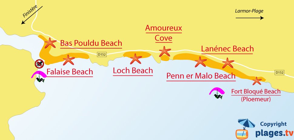 Map of Guidel beaches in Brittany - France