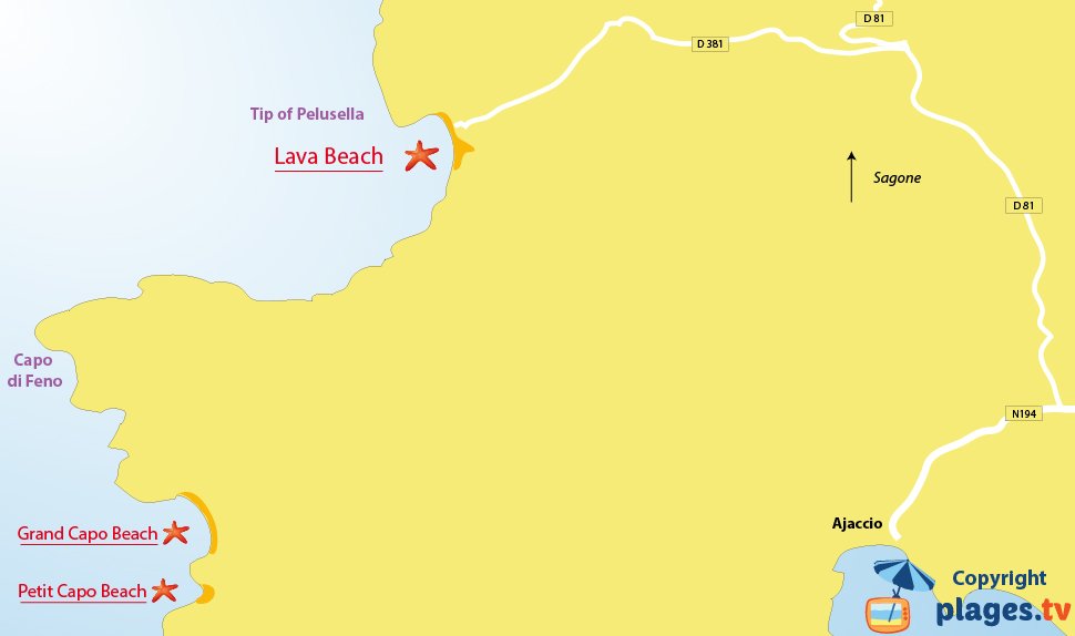 Map of Appietto beaches in the gulf of Lava - Corsica