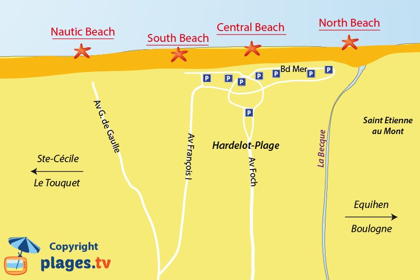 Map of the Hardelot beaches in France