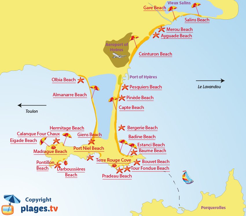 Map of Hyeres beaches in France