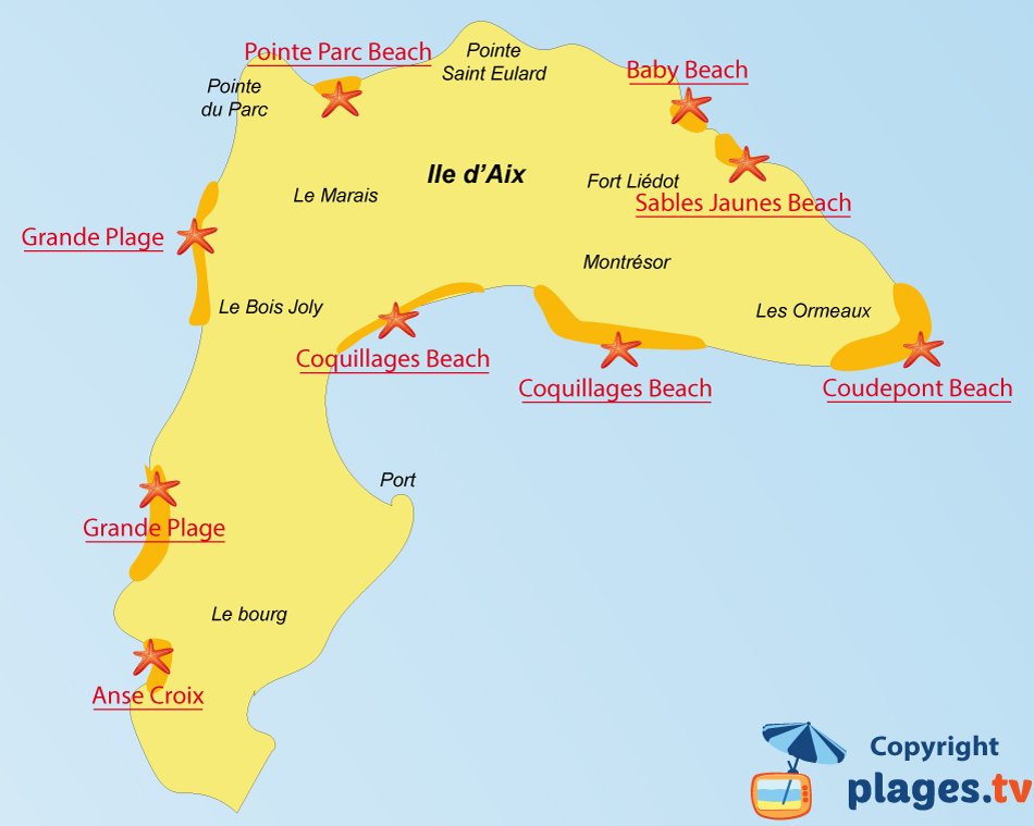 Map of Aix island beaches in France