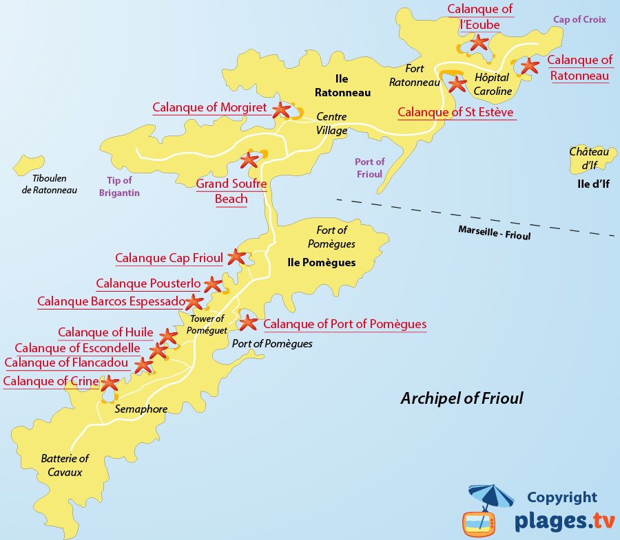 Map of Frioul beaches and calanque - Marseille - France