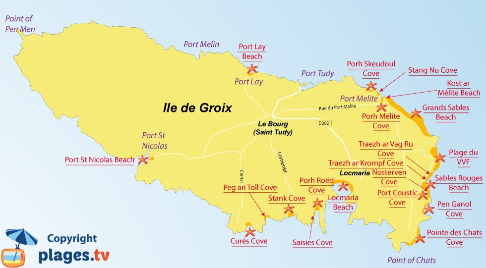 Map of Island of Groix beaches in Brittany in France