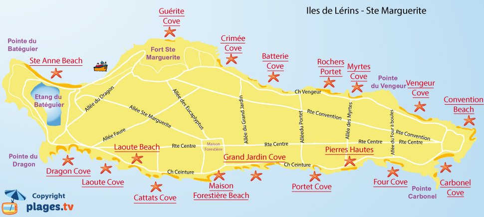 Map of Lerins beaches in France - Sainte Marguerite