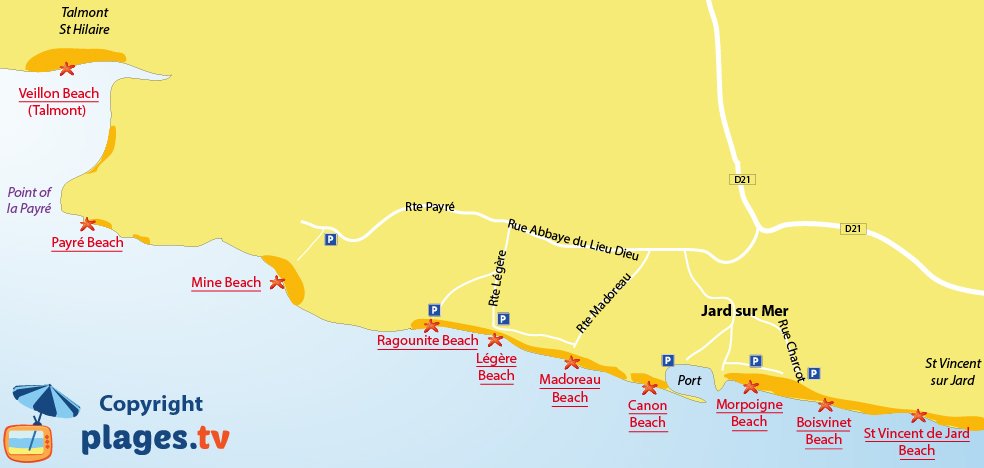 Map of Jard sur Mer beaches in France