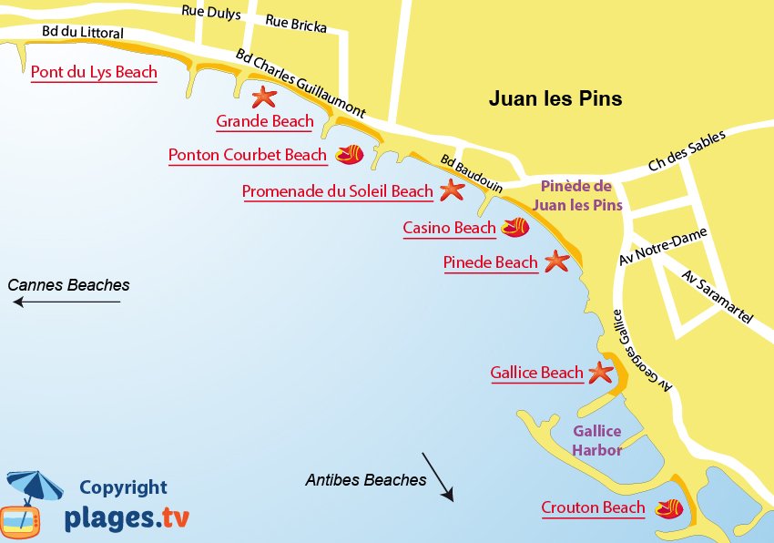 Map of beaches in Juan les Pins in France