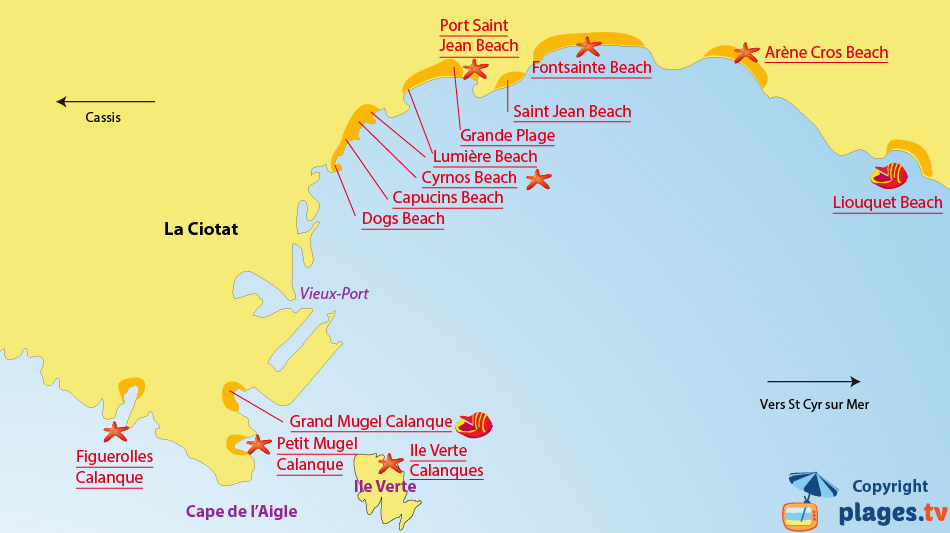 Map of the La Ciotat beaches in France