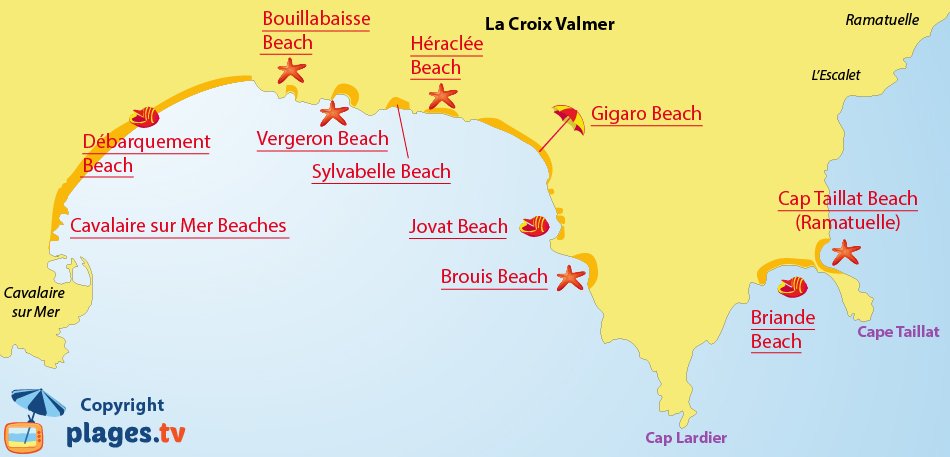 Map of the Croix Valmer beaches in France