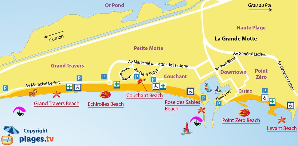 Map of the Grande Motte beaches in France